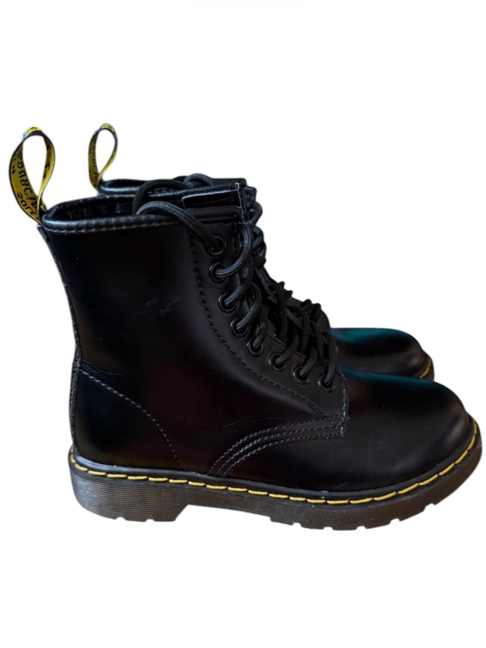 Woman’s Black Lace-Up Combat Boots with Yellow Stitching